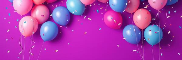 Colorful balloons and confetti create a festive atmosphere for a celebration on a vibrant purple background photo