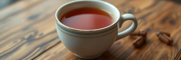 Warm tea in a white cup resting on a wooden table with coffee beans nearby photo