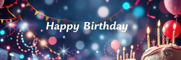 Colorful birthday celebration with festive decorations and cake glowing in soft lights photo