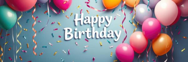 Colorful birthday celebration setup with balloons and festive decorations on a blue background photo