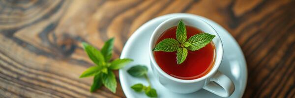 Fresh mint tea served in a white cup on a wooden table with mint leaves beside it photo