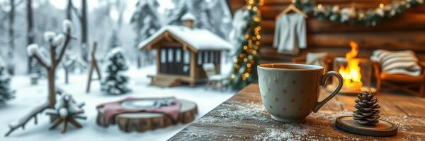 Cozy winter morning with a warm drink by a fireplace and snow-covered cabin in the background photo