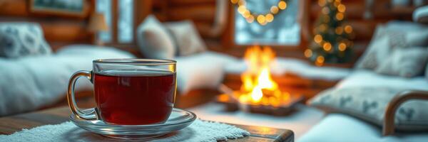 Cozy evening in a wooden cabin with tea and a warm fire during winter photo