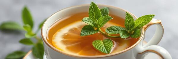Freshly brewed herbal tea with lemon and mint served in an elegant cup photo