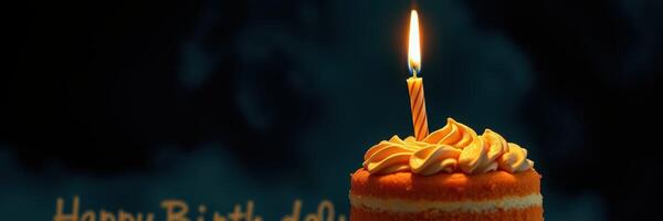 Birthday cake with a lit candle celebrating a special occasion in a festive atmosphere during evening time photo