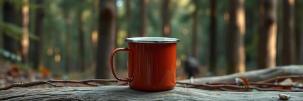 Rustic orange mug resting on a log surrounded by a dense forest during early morning hours photo