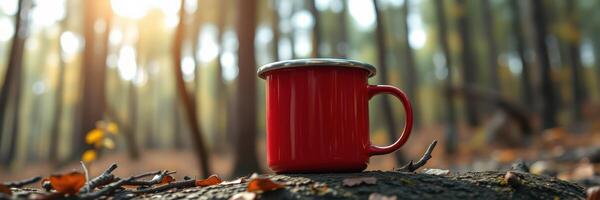 Red metal cup on log in autumn forest with sunlight filtering through trees photo