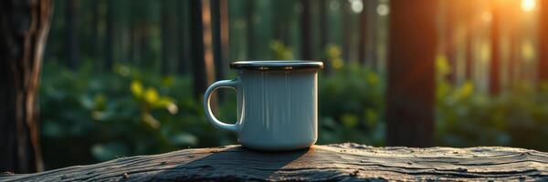 Warm cup resting on a log in a tranquil forest at sunset, surrounded by nature's beauty photo