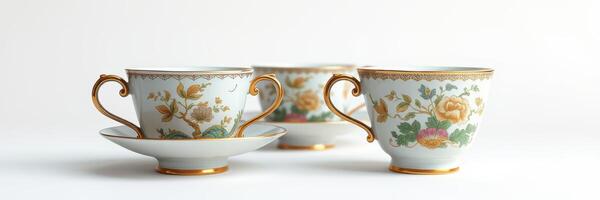 Elegant vintage tea cups arranged on a smooth white surface with delicate floral patterns and golden accents photo