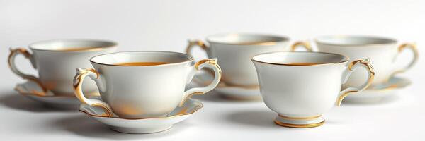 Elegant porcelain teacups arranged artfully on a white background, showcasing ornate designs and fine craftsmanship photo
