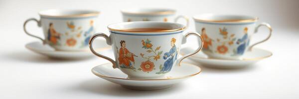 Elegant porcelain cups with intricate designs arranged on a simple background highlighting their craftsmanship photo