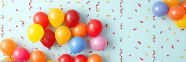 Colorful balloons and confetti create a festive atmosphere suitable for celebrations and parties photo