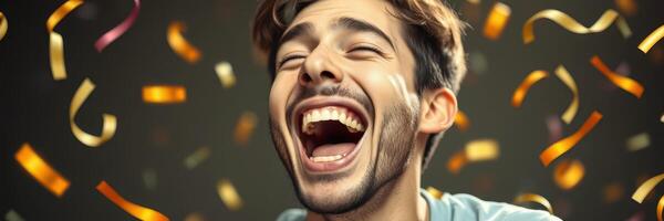 Joyful young man celebrating with laughter surrounded by confetti in a festive atmosphere photo