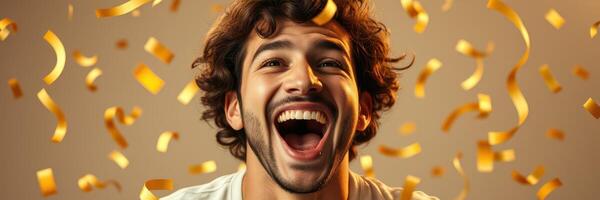 Joyful celebration with confetti and laughter at a festive event in a warm atmosphere photo