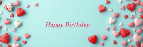 Colorful heart decorations create a festive atmosphere for a birthday celebration with a light blue background photo