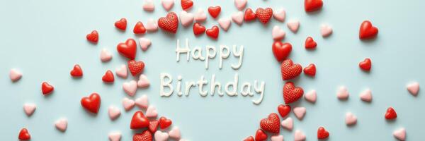 Colorful heart-shaped decorations and festive message create a cheerful birthday celebration atmosphere photo