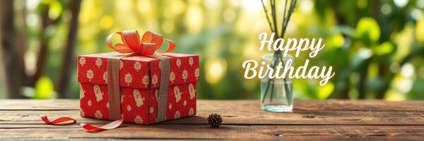 Festive birthday gift wrapped in vibrant paper placed on wooden table with greenery in the background photo