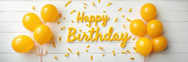 Celebrate a joyful birthday with yellow balloons and festive decorations on a white wall photo