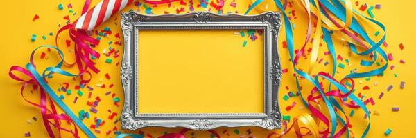 Colorful party decorations with a vintage silver frame and confetti on a bright yellow background set for celebration photo