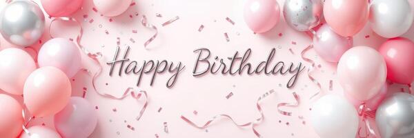 Celebrate a joyous birthday with pink and silver balloons and festive decorations featuring a heartfelt message photo