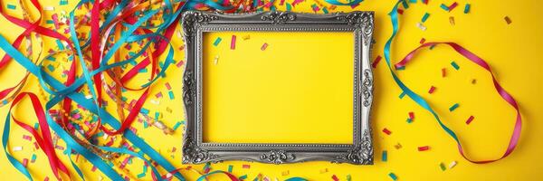 Colorful celebration with an empty silver frame surrounded by vibrant ribbons and confetti on a bright yellow background photo