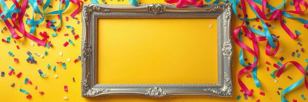 Colorful celebration setup with an ornate frame on a bright yellow background surrounded by confetti and ribbons photo