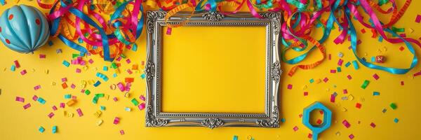 Colorful celebration setup with a silver frame and vibrant decorations on a bright yellow background photo