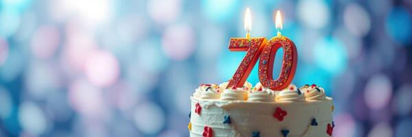 Celebrating a milestone birthday with a decorated cake featuring sparkly 70 candles and festive background photo