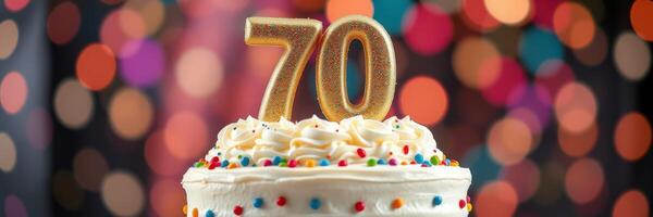 Celebration cake adorned with colorful sprinkles and a golden 70 candle, perfect for a milestone birthday photo