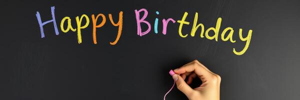 Colorful chalk lettering creates a cheerful happy birthday message on a blackboard in a festive celebration setting photo