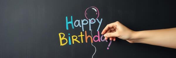 Creating a colorful birthday greeting with chalk on a blackboard during a festive celebration photo