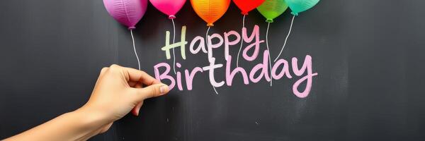 Hand placing colorful balloons with a happy birthday message on a chalkboard background for a celebration photo