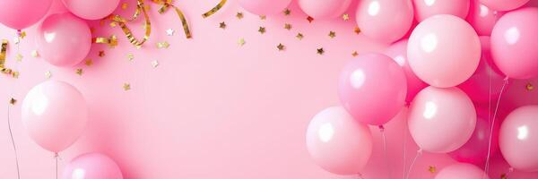 Colorful pink balloons and golden confetti create a festive atmosphere for a special celebration photo