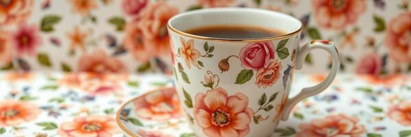 Delicate floral tea cup filled with black coffee on patterned background in a cozy setting photo