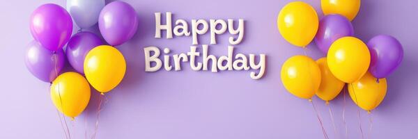 Bright and cheerful birthday celebration decorations with balloons against a lavender backdrop photo