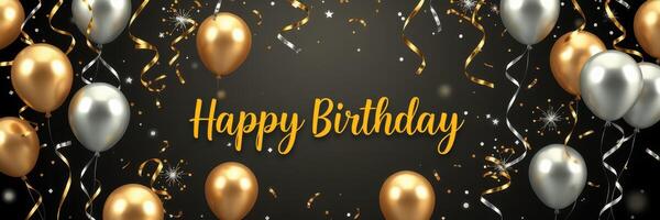 Colorful balloons and decorations create a festive atmosphere for a birthday celebration with a joyful message photo