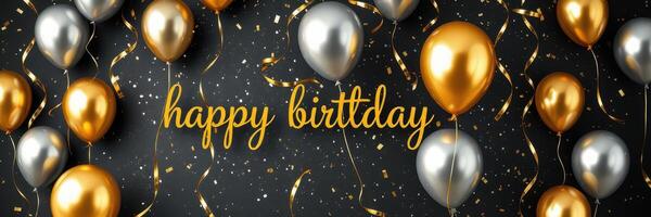 Celebratory scene with gold and silver balloons against a dark background for a joyful birthday occasion photo