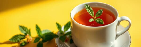 Warm cup of herbal tea with fresh mint leaves on a bright yellow background in a cozy setting photo