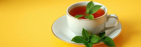 Fresh mint tea served in a white cup on a bright yellow background with mint leaves for garnish photo