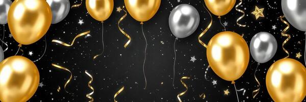 Colorful celebration decor with gold and silver balloons and festive confetti background for a party atmosphere photo