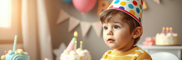 Celebrating a joyful birthday party with a young child wearing a festive hat in a decorated room photo