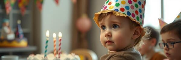 Child celebrates birthday with friends in festive atmosphere, colorful decorations and cake with candles illuminating the moment photo