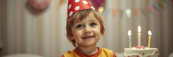 Joyful child celebrating birthday with cake and candles in festive setting photo
