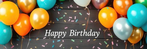 Colorful birthday decorations with balloons and confetti in celebration of a special occasion photo