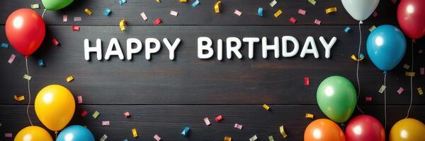 Colorful birthday celebration with balloons and confetti on a wooden table photo