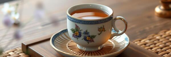 Enjoying a warm cup of herbal tea in an elegantly designed porcelain cup with floral patterns on a wooden table photo
