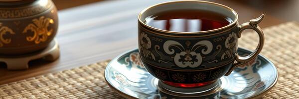 Elegant tea in a beautifully designed cup resting on a stylish mat during an afternoon gathering photo