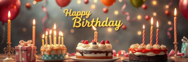 Celebration filled with colorful cakes, candles, and festive decorations for a joyful birthday gathering photo