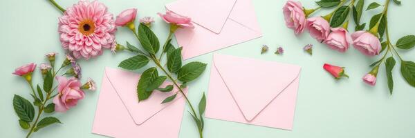 Colorful arrangement of pink flowers and envelopes on a mint green background for a creative and festive atmosphere photo