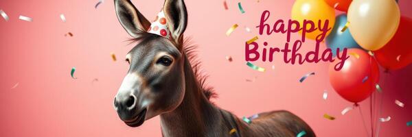 Birthday celebration with a donkey wearing a party hat and colorful balloons in a festive atmosphere photo